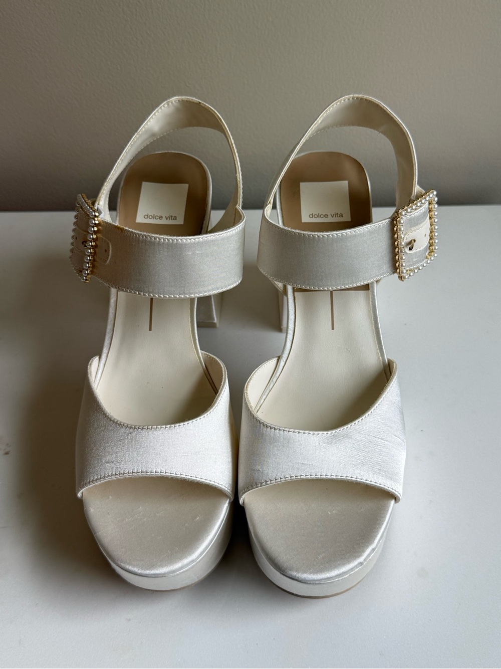 Dolce Vita Ivory Satin Platform Sandals with Pearl Buckle
